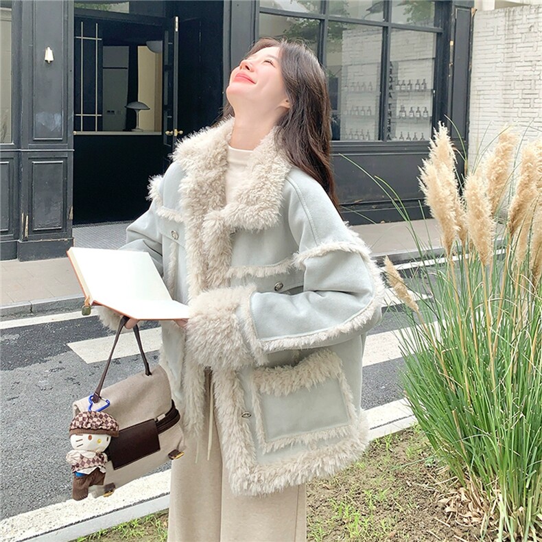 麂皮绒保暖上衣女冬羊羔毛一体皮毛外套，女装羊羔毛/颗粒绒，浙宝211