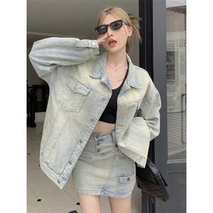JK128-P52 做旧黄泥色大码牛仔外套女2025秋季新款美式复古高街图片