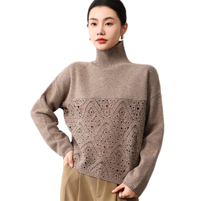 优雅女士高领镂空钩花衫纯时尚百搭温暖舒适秋季中国羊毛2025,女装羊毛衫,奢优羊绒