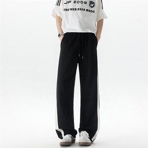 8XL-M 撞色阔腿裤男直筒休闲冰丝凉感条纹开叉裤拖地裤K9140P45图片