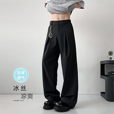美式复古弯刀裤子男春夏季潮牌冰丝凉感褶皱宽松拖地阔腿休闲长裤，男装休闲裤，电商A001