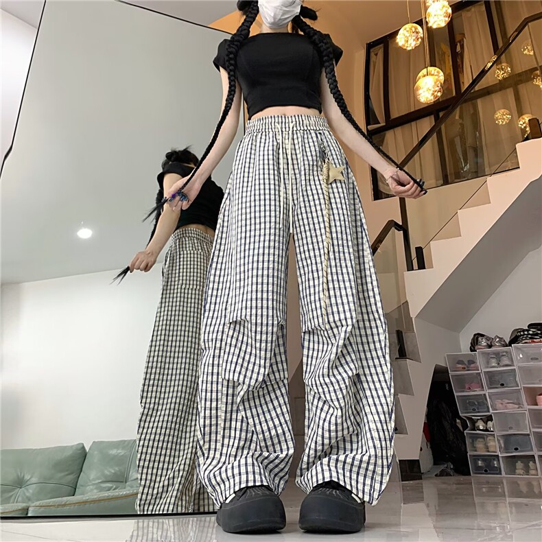 女童裤子夏装2025新款儿童夏季薄款防蚊裤格子阔腿裤大童棉麻长裤图片