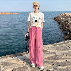 韩版休闲时尚套装女夏款个性简约圆领星星印花上衣工装长裤两件套图片
