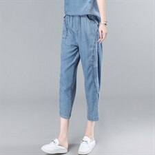 捡漏~时尚妈妈中老年牛仔印花拼接短袖上衣显瘦七分裤女，女装牛仔裤，叶笙衣