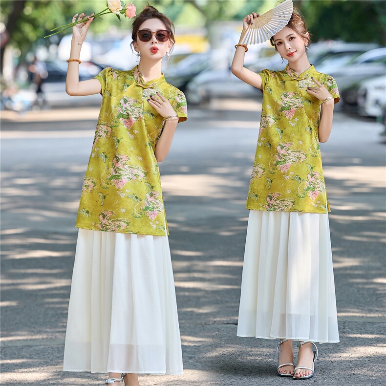 新中式国风优雅气质套装女2025夏季斜襟改良旗袍上衣阔腿裤两件套,女装套装/套裙,伊仟回