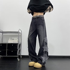 侧边条纹五角星贴布牛仔裤男女美式复古垂感阔腿裤RK3143-P53，男装牛仔裤，星座412-3