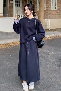 韩系撞色拼接长袖卫衣半身裙两件套女2025春季新款时尚减龄一整套图片