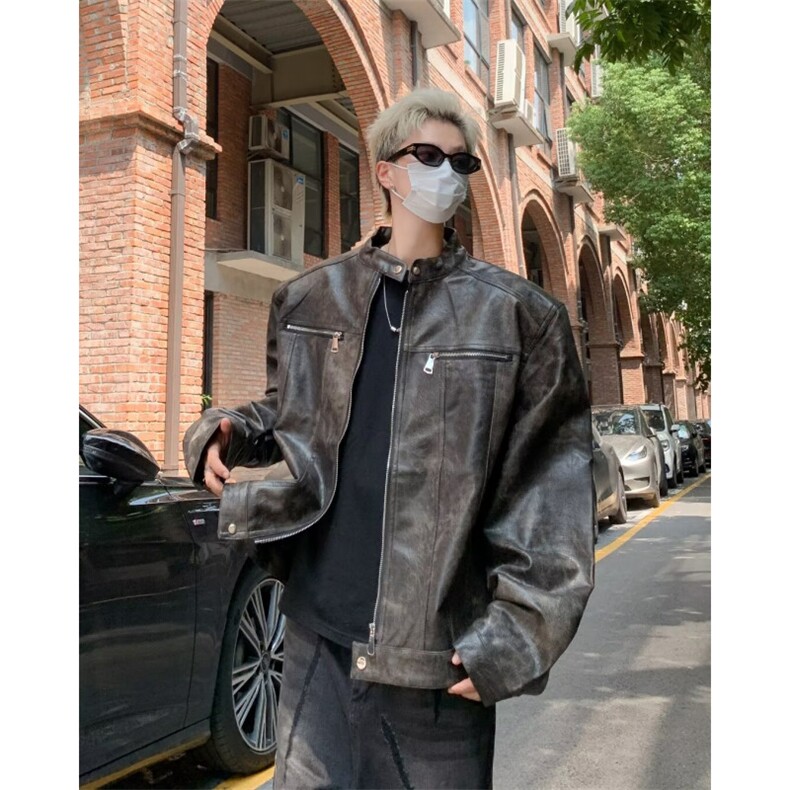 垫肩皮衣外套男秋季美式复古短款机车服春秋款高级感痞帅扎染夹克,男装夹克,星座601-2