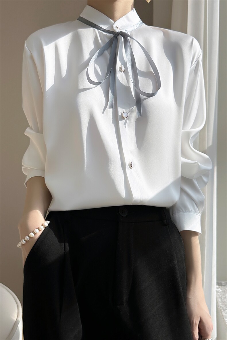 缎面蝴蝶结长袖纯色女2024新款洋气小众设计感衬衣,女装衬衫,绒宛羊绒
