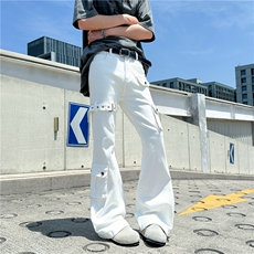 夏季绑带微喇牛仔裤男cleanfit美式高街vibe喇叭修身工装N165-P53，男装牛仔裤，星座308B-2