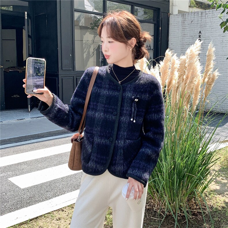 撞色格子复古双面羊毛呢大衣女冬今年流行的短款毛呢外套,女装毛呢外套,蓝朵琳