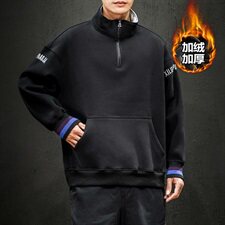 2019冬季新日系黑墙大码宽松刺绣立领拉链加绒加厚卫衣男W657-P60，男装卫衣，电商A001