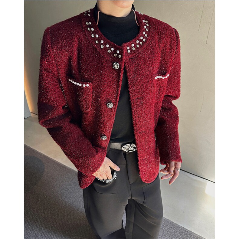 现货25秋冬男士珍珠铆钉亮丝酒红小香风毛呢外套XXF35-P168,男装毛呢大衣,电商B288