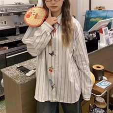 港味复古高街刺绣条纹衬衫女2025秋季新款设计感别致长袖上衣外套，男装衬衫，星座506A