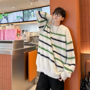 水貂绒条纹毛衣男冬季风宽松外套秋冬款马海毛针织衫 M7170图片