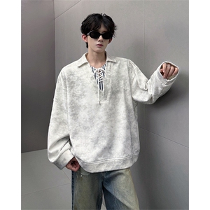WY10151-特P48 控88 小众扎染撞色拼接条纹假两件大码男宽松卫衣图片