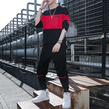 2023夏季潮流时尚T恤男装青少年宽松棉质ins圆领套装F12P68，男装休闲套装，电商A086