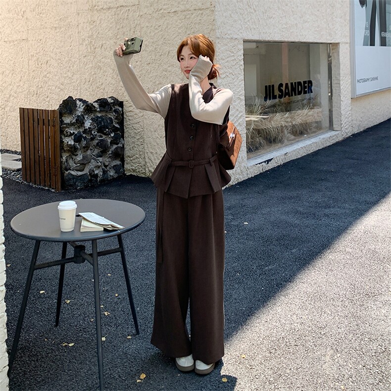 2026秋季新款！超好看时尚美拉德马甲内搭三件套,女装套装/套裙,2C015