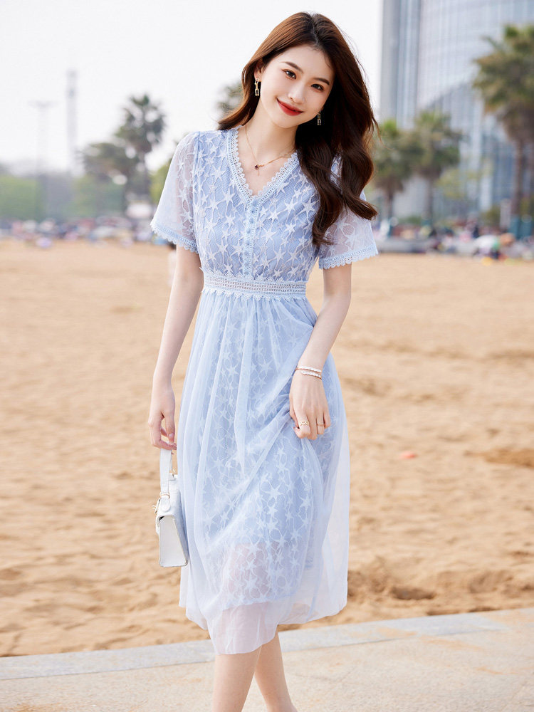 时尚潮流2023年夏季新款甜美显瘦蕾丝网纱拼接长款连衣裙,女装连衣裙,安之芮娜