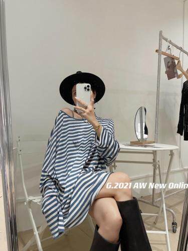 现货秋季新款条纹一字领宽松上衣慵懒风，其它，G