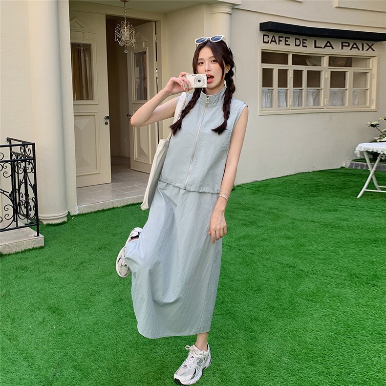 休闲蓝色无袖半身裙套装女夏2025新款两件套时尚减龄洋气爆款流行,女装套装/套裙,2C135