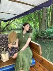 新中式风EIA一尧空林晚清冷禅意旗袍连衣裙夏温婉短袖长裙，女装连衣裙，梦白服饰厂