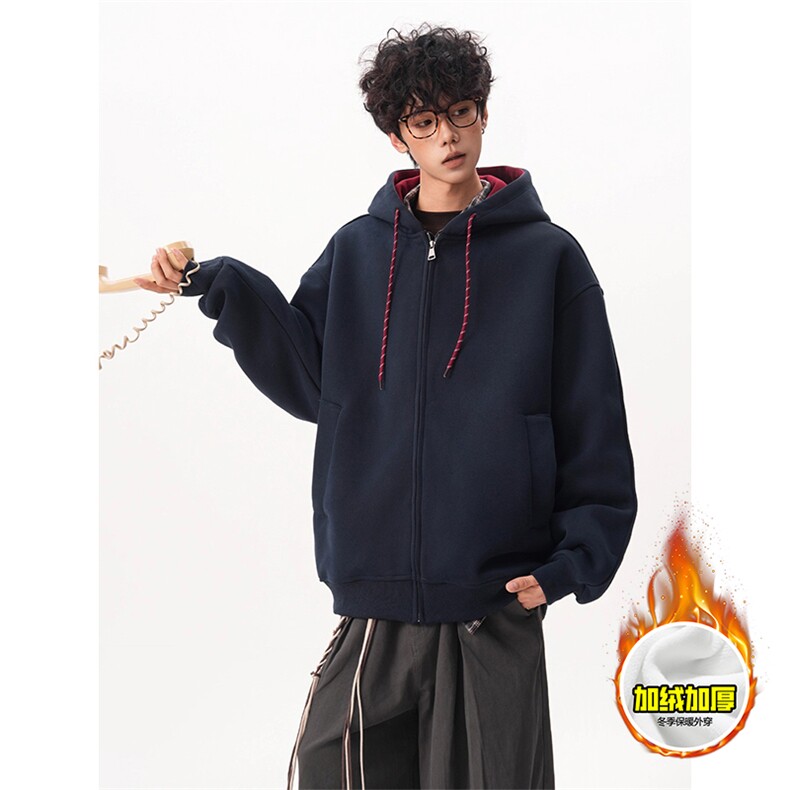 480G重磅加绒硬挺boxy男女秋冬美式高街双层撞色连帽卫衣开衫外套，女装短外套，电商A486-1