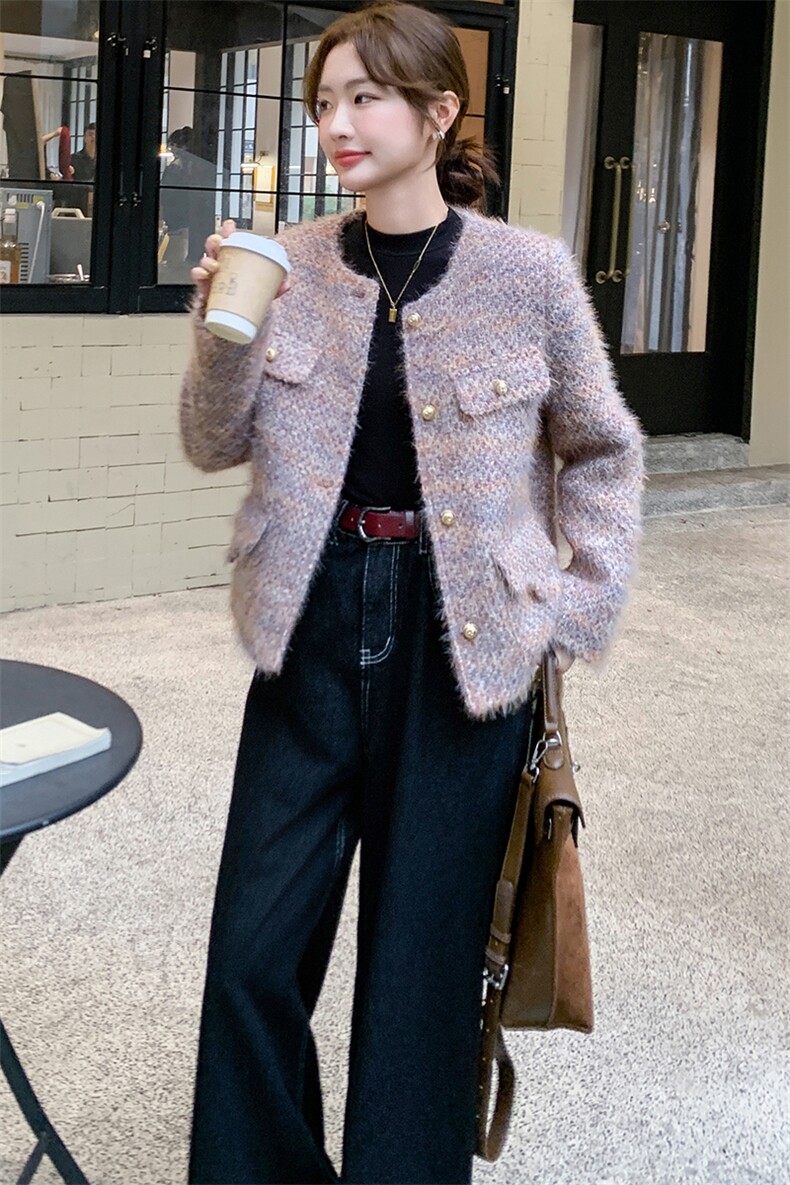 短绒羊毛呢渐变小香风羽绒服女冬季2025年新款高级感白鸭绒外套,女装毛呢外套,1D102-1
