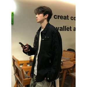 黑色短款牛仔解构外套男美式高街飞行员夹克棒球服秋冬 J235图片