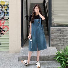牛仔连衣裙女2025夏新款高级感时尚减龄气质显瘦拼接假两件背带裙，女装连衣裙，2C236