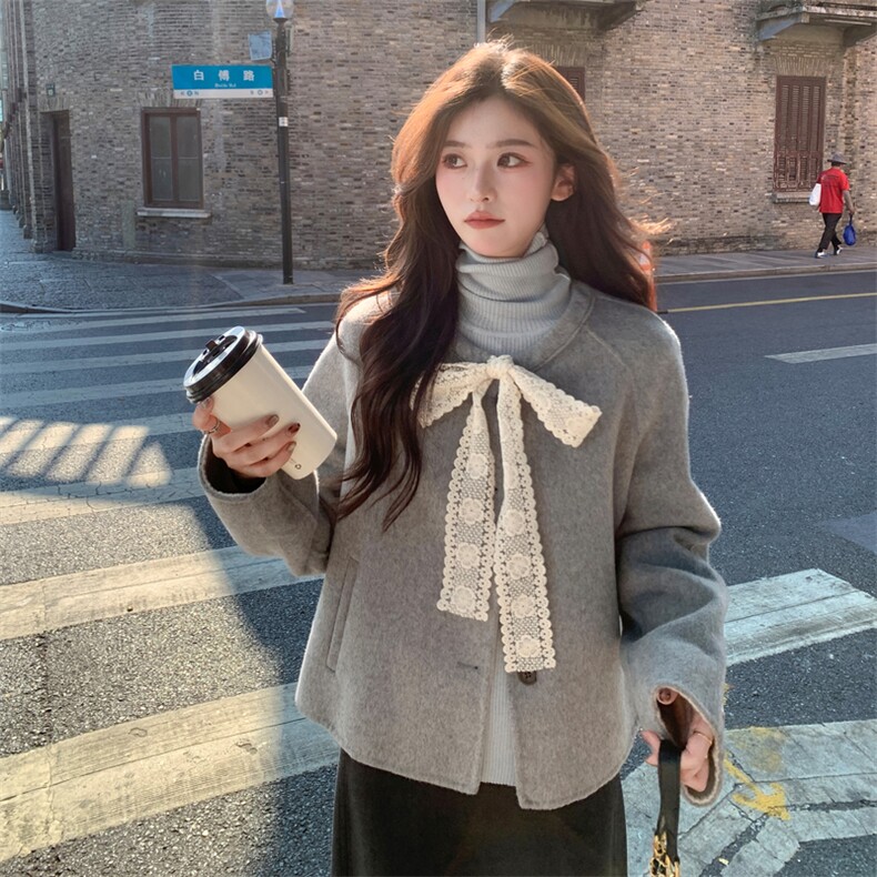 现货双面羊毛呢主推款蕾丝蝴蝶结羊毛女士短外套，女装毛呢外套，SL