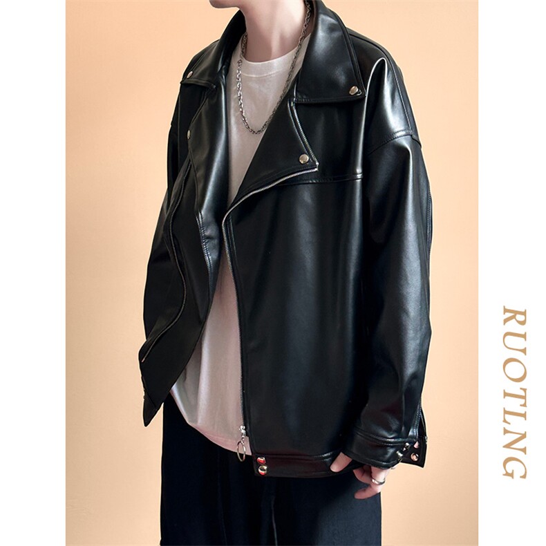 现货-春装皮衣外套男翻领休闲皮夹克潮牌PU机车服A506P90加绒100,男装夹克,电商A351