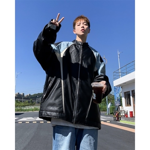 皮夹克男士韩版潮流高街帅拼色美式宽松2024秋冬ins外套W5855-P80图片