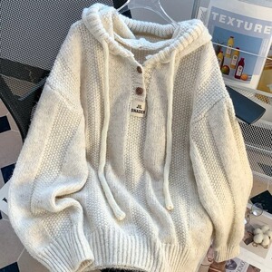 美式情侣提花毛衣女冬季加厚连帽长袖套头针织衫保暖上衣2025新款图片