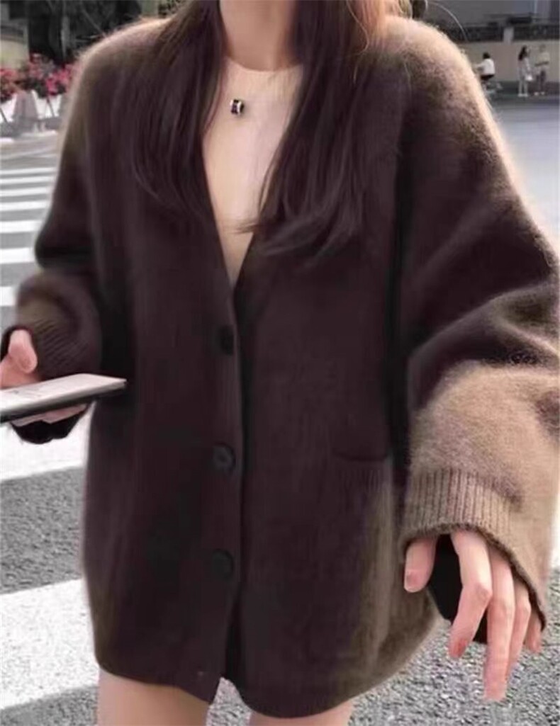 长袖针织开衫女宽松百搭纯色羊毛休闲外套上衣,女装羊毛衫,恒恩羊绒