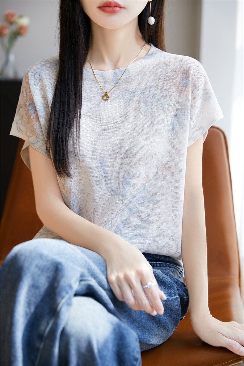 夏季新款竹节麻印花短袖女圆领扎染渐变色T恤薄款微透百搭针织衫,女装T恤,暖烁特种纱工厂店