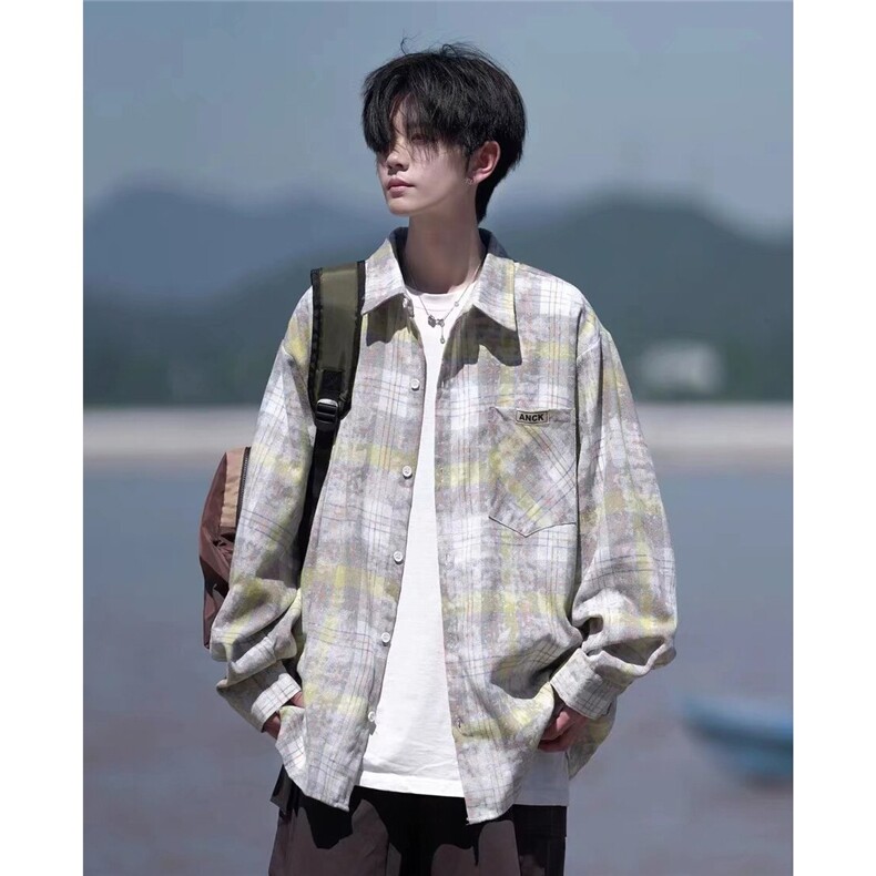 美式复古做旧扎染长袖衬衫男女春秋款高级感cleanfit情侣衬衣外套,男装衬衫,星座1210-1
