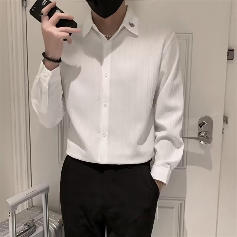 黑色衬衫男长袖条纹纯色痞帅上衣外套休闲男装冰丝白衬衣C304,男装衬衫,星座1116A-2（原606A-1）