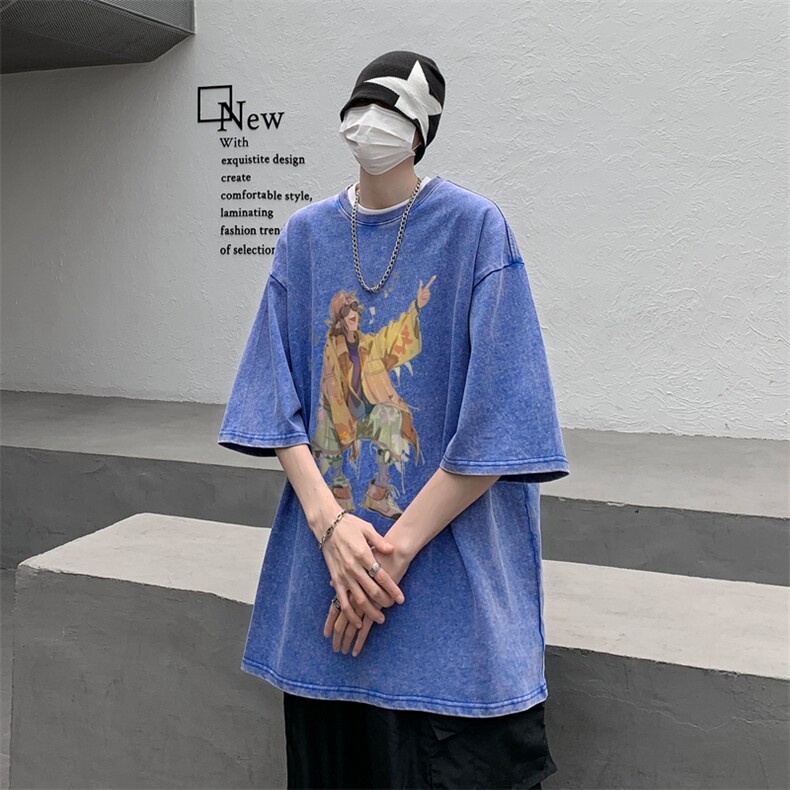 潮牌宽松短袖t恤蜡染美式复古高街水洗做旧517A-2-SX241-P38,男装T恤,星座517A-2
