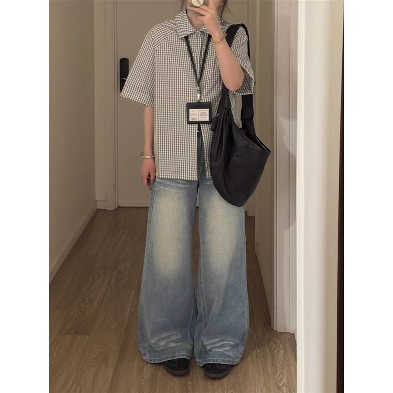 2276美式复古格纹短袖衬衫宽松休闲格子衬衣日系百搭半袖上衣，男装T恤，星座308A-1（原309B-1）