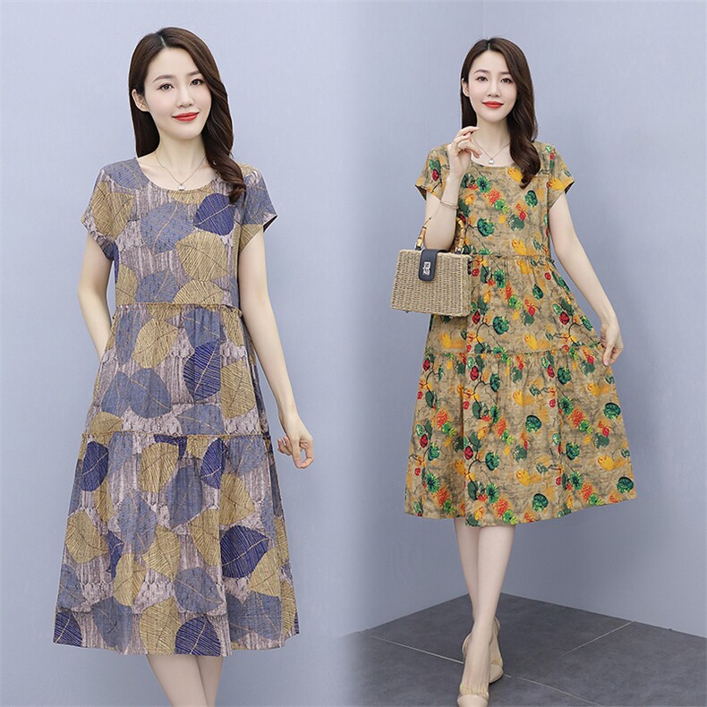 2022夏季新款简约优雅气质圆领复古印花修身显瘦连衣裙,女装连衣裙,鑫思依格