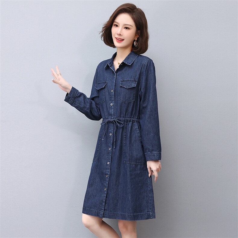 2023年春季新款复古通勤收腰大口袋牛仔连衣裙女显瘦长袖衬衫裙潮,女装连衣裙,希欧阁