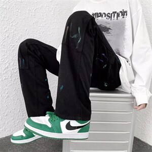 美式高街泼墨牛仔裤男hiphop小众设计感裤子NK111P42图片