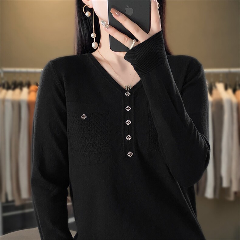时尚女装黑色V领长袖针织衫修身显瘦花苞扣设计优雅百搭毛衣，女装针织衫/毛衣，暖姿羊绒