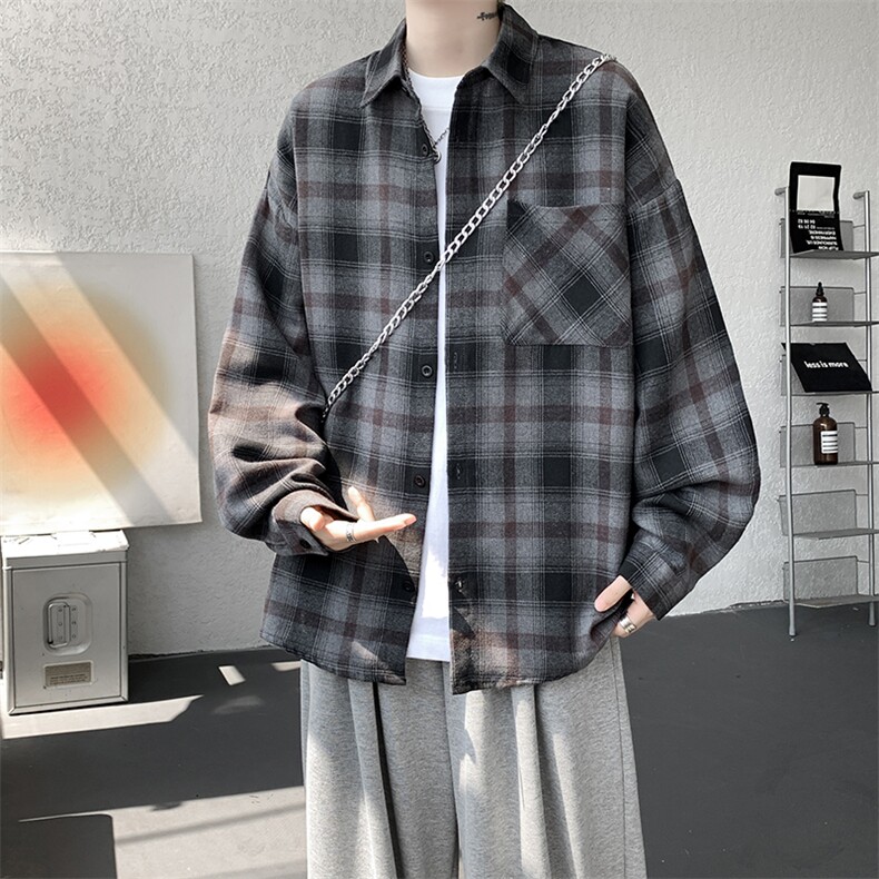衬衫男春季新款港风宽松大码磨毛格子长袖衬衣CS6639-P35，男装衬衫，星座214-3
