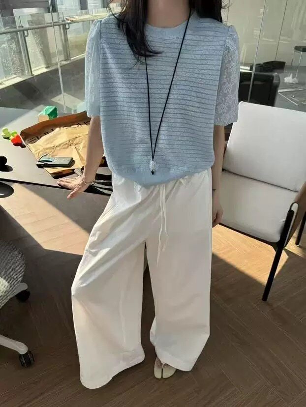 精纺拼接蕾丝条纹短袖,针织衫/毛衣,圣旺供货