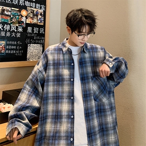 衬衫男春季新款港风宽松磨毛格子长袖衬衣CS2019-P35图片