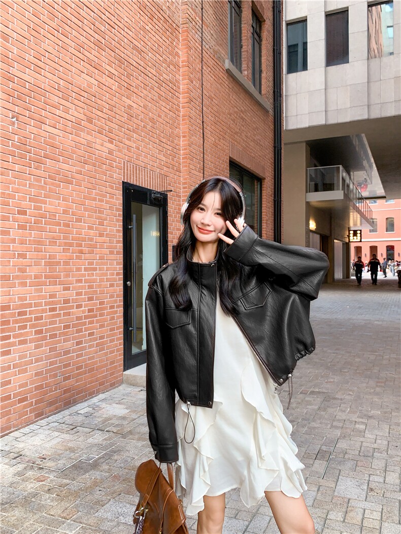 咖色短款皮衣外套女2025秋季新款港风复古高级感气质机车PU皮夹克,女装皮衣,2C123