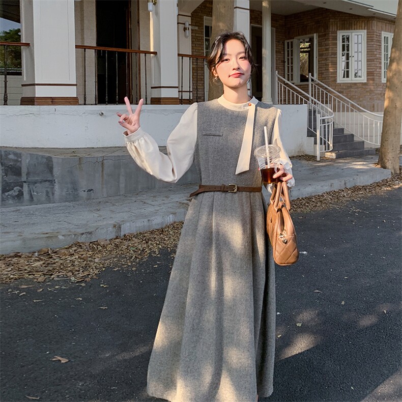 超火高知穿搭灰色假两件长袖连衣裙女春秋2025新款大方得体长裙子,女装连衣裙,2C050