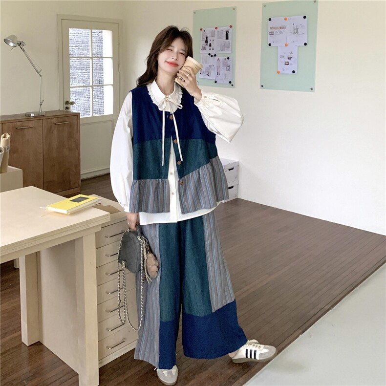 现货新款花边衬衫+马甲+阔腿裤三件套2C056-7205-P195控318,女装套装/套裙,2C056